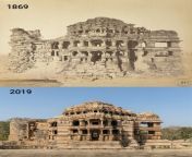 Sas-Bahu Temple, Gwalior Fort, Gwalior, India. 1869 and 2019. The temple was built in 1093. from desi sas bahu