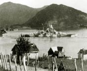 Tirpitz laying inn port at Kfjord Alta where she woud spend most of the war before eventualy getting sunk inn 1944 from alta trample