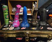 The 4 biggest boys of my 20 toys. 3 soda cans stacked for size reference. yes i can sheath all 4 of them Ask me anything. i give anal size queen advice. from anal size granny