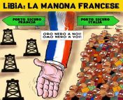 &#34;Libya: the French big hand. Safe harbour France. Safe harbour Italy. Black gold (oil) to us! Black man to you!&#34; Italian anti-French and anti-immigration cartoon on the Libyan crisis, 2018. from انڈیاسکس ویڈیوamel anti xxx pessing video donlodingoldier rape