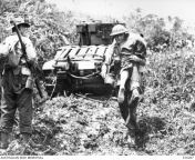 WWII. New Guinea Campaign. Battle of Sattelberg. 16 November 1943. Australian troops moved in behind Matilda tanks for a dawn attack on the Japanese held village of Sattelberg. A wounded soldier is carried back from the forward area. (640 x 506) from village of centaurs
