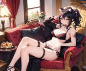 check my work on ImgCreator.AI--Anime girls, short hair, hourglass figure, cat ears, cat tail, bedroom, chair, sit, lace bra, succubus tattoo, shy face, ponytail from indian girls short hair cutting