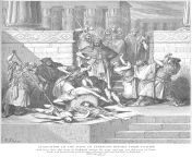 Gustave Dor, Illustrations for Old Testament. Here Slaughter of the sons of Zedekiah before their father. &#34;And they slew sons of Zedekiah before his eyes, and put out the eyes of Zedekiah, and bound him with fetters of brass, and carried him to Babyl from cannibal slaughter of girls