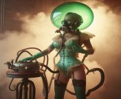future fiction character like Victorian era gusset, big green chemisette bodice respirator and hoses, holding a electric vapour midriff pump, mist and gases swirling, b-grade alien sports illustrated woman with queening stool, HDR colour, Yashica FX-2000from manthra rasi b grade