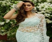 Aamna Sharif navel in white transparent saree and blue blouse from transparent saree ass