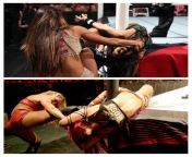 AJ and Sasha having their flexibility tested by Nikki Bella and Charlotte from sarah and charlotte