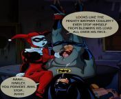Harley making Batman cum all over himself by giving him an upside down torture handjob from torture handjob