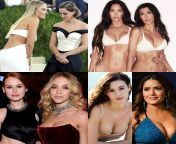Pick one duo for a steamy threesome sex-Margot Robbie and Emma Watson or Megan Fox and Kourtney Kardashian or Madelaine Petsch and Sydney Sweeney or Monica Bellucci and Salma Hayek? from emma watson collar sex