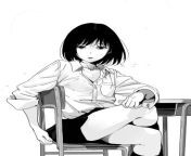 LF Mono Source: 1girl, bangs, black hair, black skirt, breast pocket, collarbone, collared shirt, crossed legs, desk, kneehighs, looking at viewer, medium hair, on chair, parted lips, school uniform, sitting, sleeves rolled up, small breasts, unbuttoned,from hair chat chair video com
