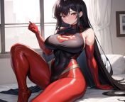 ((red superhero costume)), ((spandex suit)), (tight clothes), ((boob window)), black hair, long hair, brown eyes, busty, thick, mature, full body, exposed shoulders, exposed thighs, black cape, from japanese mom teacher boob xxx open hair
