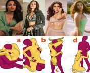 Choose one position for each actress (Alia / Ananya / Sara / Pooja) from indian actress alia sex videos