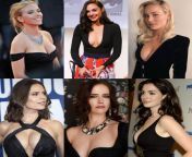 Scarlett Johansson, Gal Gadot, Brie Larson, Hayley Atwell, Eva Green, Anne Hathaway... Choose two for each options... (1) Gangbang + cum anywhere, (2) Titfuck with her spit + cum between tits, (3) Rough hair-pulling ass-job + cum on tits... from cum on tits pa