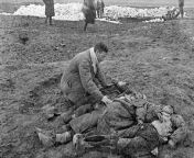 A Soviet man finds the bodies of his wife and children, who were killed by a Nazi death squad. His family were among approximately 7000 murdered civilians, mostly of Jews, whose bodies were found by Soviet troops after they retook the area (Crimea, 1942). from crimea
