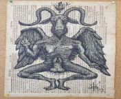 Baphomet, the Great He-Goat of the satanic cabbalah. Ink on 1776 Biblia pages, Vulgarion, 2024 from biblia negra cap3