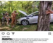 Brad Strouse shows off his EV hybrid car, &amp; a newly- installed charging station, to friends at the Indiana nudist retreat where hes a long-time campground member. from kae strouse