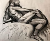 Classical study. Seated male nude_Lateral view. Vine charcoal on recyled paper from seated