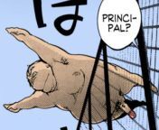 LF Color Source: &#34;Principal pal&#34; 1boy, armpit hair/hairy armpit, chain-link fence, erection, fat man, fence, from below, glasses, jumping, jumping over fence, obese, old man, outstretched arms, pince-nez, sfx, uncensored from gay old man fisting