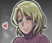 LF Color Source: 1girl, asymmetrical bangs, blonde hair, blue eyes, close-up, crystal earring, face, half-closed eyes, looking at viewer, mature female/milf, mole under eye, parted bangs, pink sweater, red heart, short hair, turtleneck sweater from short hair squirt