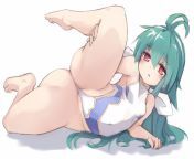 Blue-haired anime girl in a one-piece swimsuit with her thick thighs spread wide. You can see some of her round ass too. from giantess blue haried anime