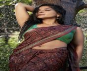 Sakshi Agarwal navel in brown saree and green sleeveless blouse from sakshi agarwal kakaka po movie hot