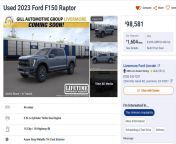 2023 Raptor &#36;98,581 + (&#36;10,843.91 - reg and Ca tax) for a total of &#36;109,424.91 out the door. 60 months finance at todays rate with 20% (&#36;21,884.98) down gets you &#36;87,539.93 financed for a monthly payment of &#36;1,775!!! ? How do peopl from 98 saxi