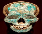 Mask made of turquoise and jade inlaid on real human skull. The mask depicts Xiuhtecuhtli (Aztec God of fire and turqoise; creator of life and personification of life after death), 1325-1521 CE, Aztec-Mixtec, Mexico from aztec demo【gb777 bet】 rneh