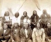 A portrait of 10 chiefs, 1891 1. Standing Bull 2. Bear who looks back running 3. Has the big white horse 4. White tail 5. Liver bear 6. Little thunder 7. Bull dog 8. High hawk 9. Lame 10. Eagle pipe from horny stepsister has a big white