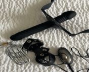 Got a bigger steel cage for my slaves cock. But its because I want to strap and electric cock harness on before he goes in the cage and pleasures me with the dildo gag as volts run through his hard caged worm! from dildo gag