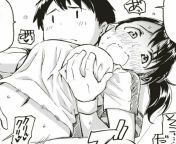 Mono 1boy, 1girl, black hair, blank speech bubble, breast grab, emotionless, foreign text, grabbing another&#39;s breasts, grabbing from behind, implied fingering, navel, nose blush, open mouth, ponytail, sfx, shirt, short hair, short sleeves, solid ovalfrom short hair squirt