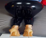 Shiny patent leggings paired with nude high heels ? by hubby ? If you like content like this, see link below ?? from wife riding with cuckold guy capture by hubby