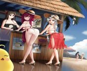 Chitose and Chitose at the beach (Chitose and her KanColle counterpart, with Taihou (AL) and Mamiya and Unryuu (KC)) from chitose saguesa