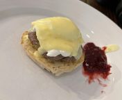Eggs Benedict but with beef instead of ham. Raspberry jelly on side. from benedict carver tissi