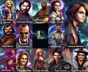 My collection of League of Legends champions! Prompt: &#34;CELEBRITY_NAME_HERE as a character in the game League of Legends, with a background based on the game League of Legends, detailed face&#34; from legends