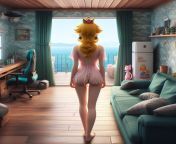 style.Princess Peach.standing turn back .Close view.Summer.House room.Wallpapers with sea ornament.Wooden floor.There&#39;s cat statue on wooden brown table and a gaming chair in left side.In middle a window and a balcony.Sea view from balcony.Dark greenfrom indian pari lovely sex house room