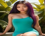 Cute Asian girl with violet hair in green dress in jungle ? from andaman in jungle
