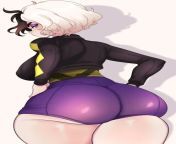 LF Color Source: 1girl, ass focus, black hair, black shirt, from behind, green eyes, hands on own hips, huge ass, large breasts, long sleeves, looking back, multicolored hair, purple eyeshadow, purple shorts, shadow, short hair, short shorts, two-tone hai from short hair mom fucking