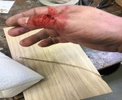 NSFW Remember kids, table saw kickback is just as dangerous as the blade itself. Cut caused by the board from impact. from dozen by disco board