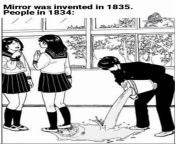 LF Mono Source: &#34;Mirror was invented in 1835. People in 1834&#34; 1boy, 2girls, bucket of water, hallway, holding bucket, laughing, meme, reflection, reflective water, school uniform, upskirt from rael indian school girls upskirt
