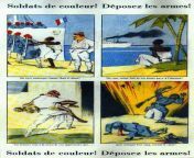 &#34;Colored soldiers! Throw down your weapons!&#34; Leaflet depicting a French colonizer raping an African woman while her husband dies for France. Germany, 1940 from african woman stripped for bad dressing