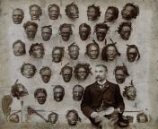 British Major General Horatio Gordon Robley (28 June 184029 October 1930) with his mokomokai (or Toi moko, are the preserved heads of M?ori, the indigenous people of New Zealand, where the faces have been decorated by t? moko tattooing) collection, 189 from kanga moko lushoto