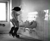 B&amp;W Asian with world class stream peeing into urinal like a boy while naked and flaunting fantastical side boob. from rajce boy idnes naked av4us jpg