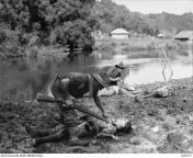 Members of the Australian 2/17th Battalion inspecting the bodies of dead Japanese soldiers in Brunei during an operation on 13 June 1945 from melayu brunei local