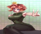 Kakyoin with her armpit, arm up, big breasts, black leg wear, buttons, earrings, food in the mouth, green dress, hand on her shoulder, peace sign, pink/red hair, super crown and a v sign from super crown regular show
