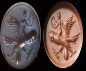A Republican Roman nicolo-agate intaglio. 12 x 16 x 3 mm Eros is seated on the back of a large winged phallus with two eagle legs. One of this legs holds a thunderbolt while the Eros holds a laurel wreath. Ca. 2nd-1st century BC. (749x262) from eros o deus do amo