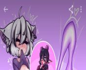Color 1girl 2girls ahoge animal_ears black_hair cat_girl closed_eyes fang futa/futanari grey_hair hair_between_eyes horns implied_masturbation mouth_hold pink_hair purple_background shirt_in_mouth short_hair sleeves_past_wrists stitched_shirt streaked_hai from www xxx hair me danি