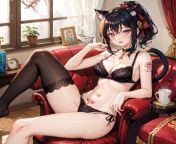 check my work on ImgCreator.AI--Anime girls, short hair, hourglass figure, cat ears, cat tail, bedroom, chair, sit, lace bra, succubus tattoo, shy face, ponytail from indian girls short hair cutting