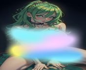 Visit patreon.com/NSFWAnimeBabes - Upvote and comment done to receive 4k unblurred image - Hentai, Busty Anime babe, Seductive, seductive pose, cowgirl, green hair babe from busty 3d anime babe