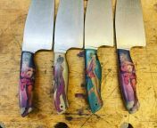Something deferent pin up girl handles they are paper micarta made with 100 layers the image is printed on each sheet and aligned so the image goes threw the entire handle. They are on 3/32” S35VN k tip blade. from badwap image srabante