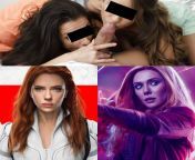 POV: Scarlett Johansson and Elizabeth Olsen are going to use their mouths to help you cum: which of these two will you assign to bob their head on your cock, and who will you assign to slobber on your balls? from scarlett johansson and captain america