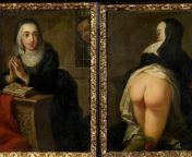 Martin van Meytens 1731 painting &#34;kneeling nun&#34; has two sides: one side shows an innocent picture of a nun praying, while a priest is looking at her from a window. The other side reveals that the priest is looking at her naked butt from perverted priest